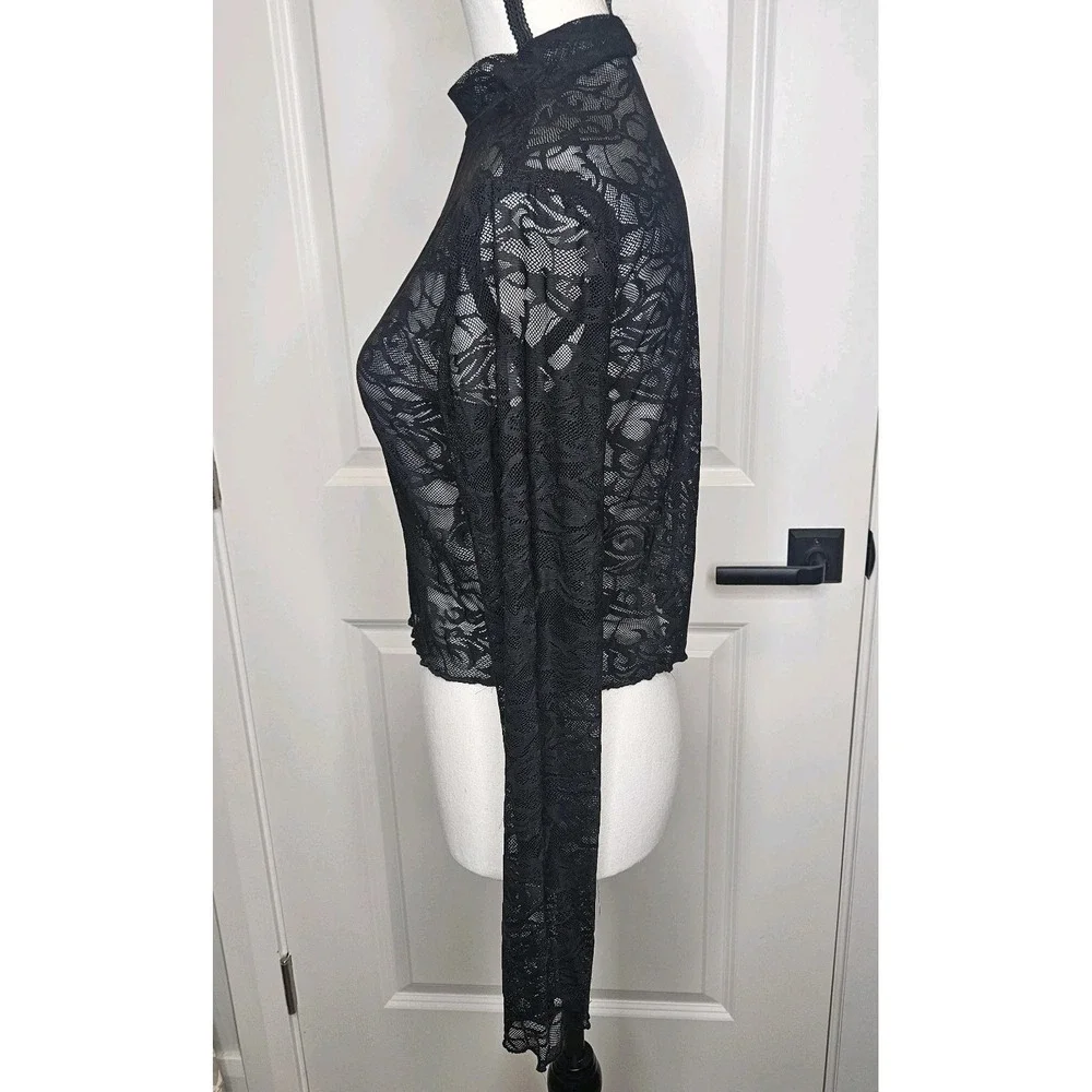 Forever 21 Lace Mesh Longsleeve Top Stretch Sheer‎ Size Medium Black Y2k Style